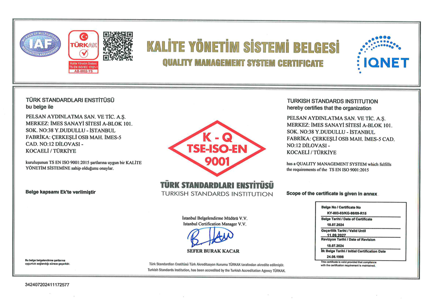 ISO 9001 2015 Kalite Yönetim Sistem Belgesi